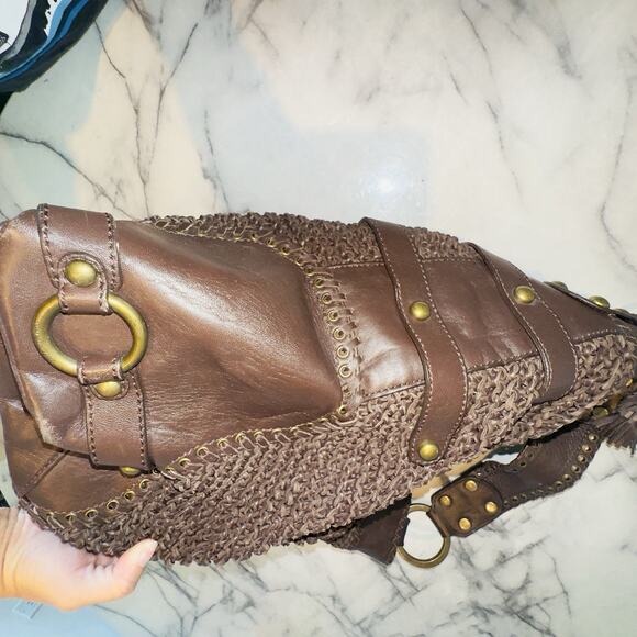 Y2K Isabella Fiore Carina Hobo Dark Brown Knitted Real Leather 16'hx14L Boho Bag - Picture 4 of 14